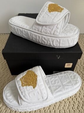 Versace Medusa Gold Embroidered Logo Velour Platform Slipper Flat Slide Sandals